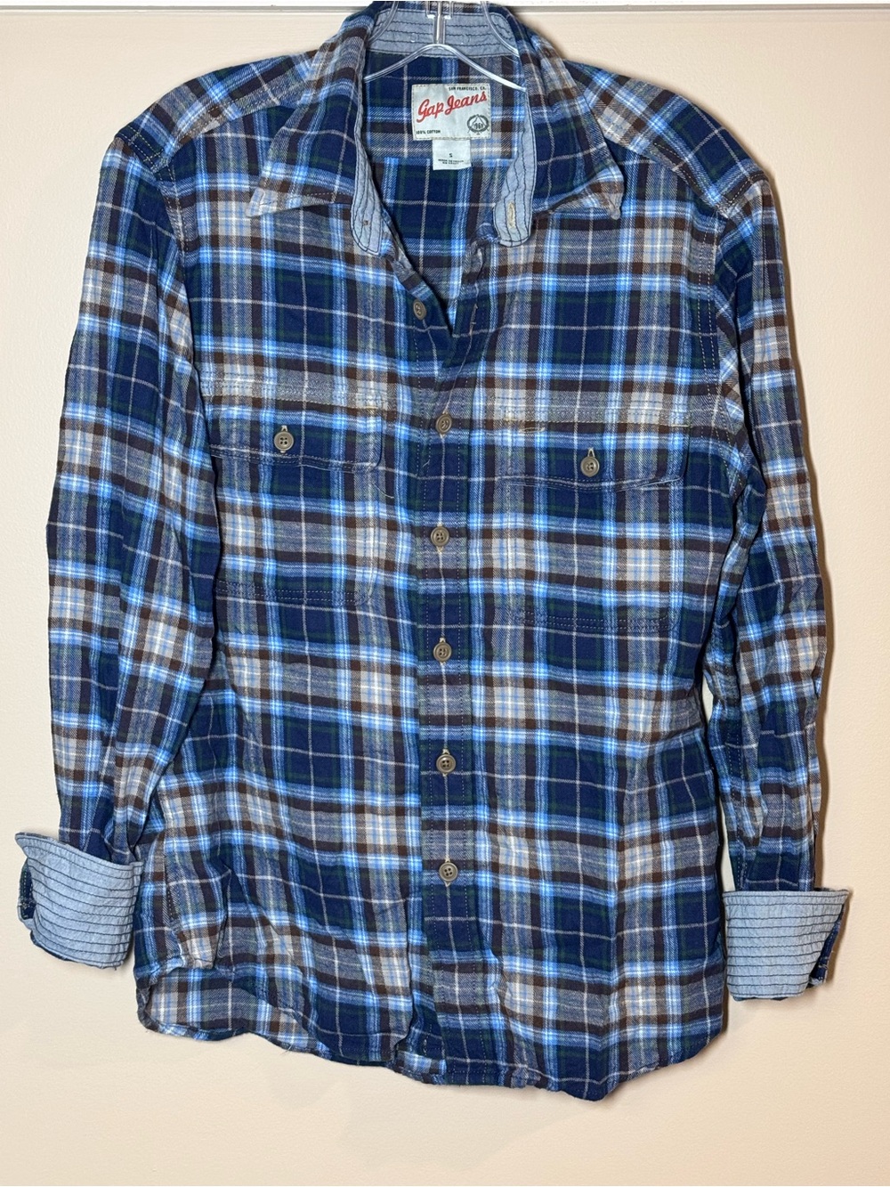 GAP Plaid Cotton Button-Up in Navy, Light Blue & Brown